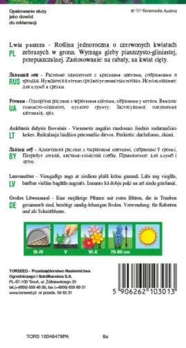 nasiona kwiatów Lwia paszcza ciemnokarminowa krwista czerwień Torseed tył opakowania