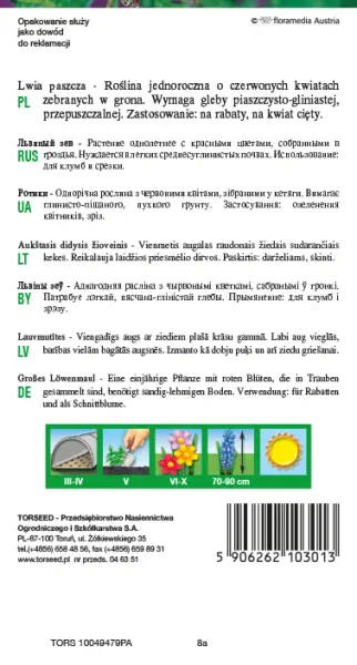 nasiona kwiatów Lwia paszcza ciemnokarminowa krwista czerwień Torseed tył opakowania