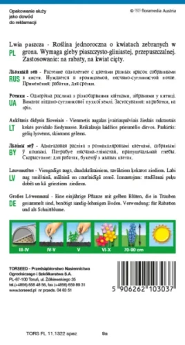 nasiona kwiatów Lwia paszcza żółta Torseed tył opakowania