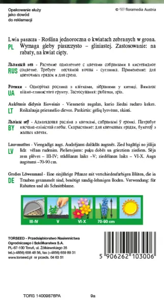 nasiona kwiatów Lwia paszcza mix różnych kolorów Torseed tył opakowania