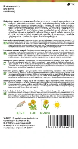 nasiona kwiatów Mak polny pojedynczy czerwony Torseed tył opakowania
