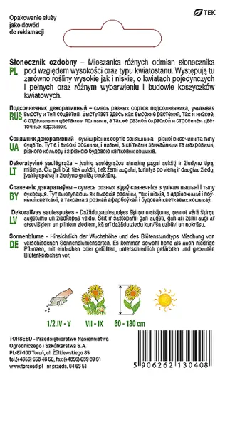 nasiona kwiatów słonecznik ozdobny mieszanka odmian Torseed tył opakowania