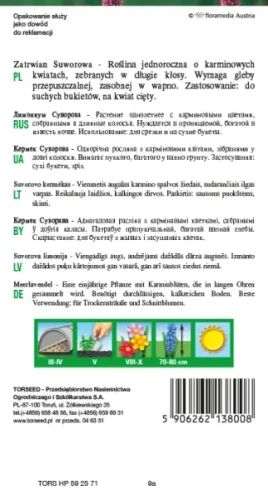 nasiona kwiatów atrwian Suworowa karminowo-różowy otarty Torseed tył opakowania opis
