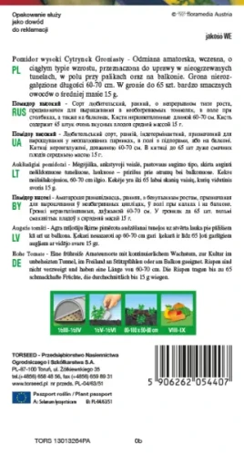 nasiona  Pomidor czereśniowy żółty Cytrynek Groniasty typ cherry Torseed tył opakowania opis