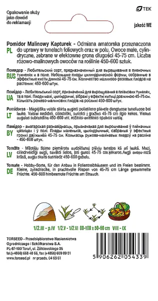 nasiona Pomidor Malinowy Kapturek czereśniowy typ cherry Torseed  tył opakowania opis