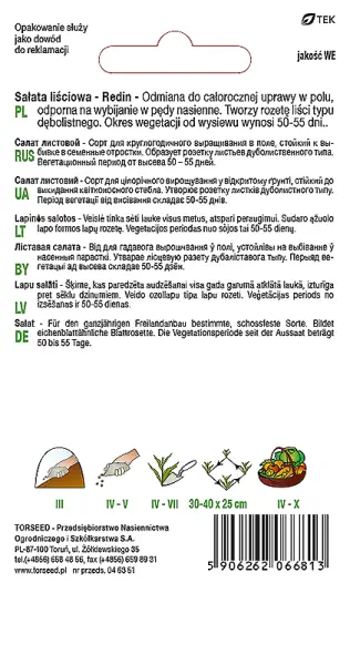 nasiona Sałata liściowa czerwona dębolistna Redin Torseed  opis tył opakowania