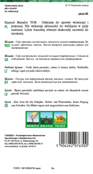 nasiona Szpinak Matador TOR Torseed opis tył opakowania