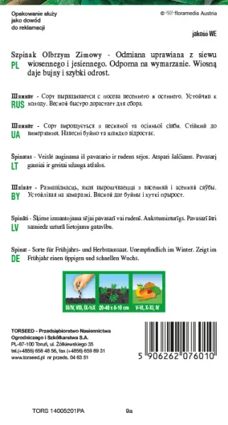 nasiona  Szpinak Olbrzym Zimowy Torseed opis tył opakowania