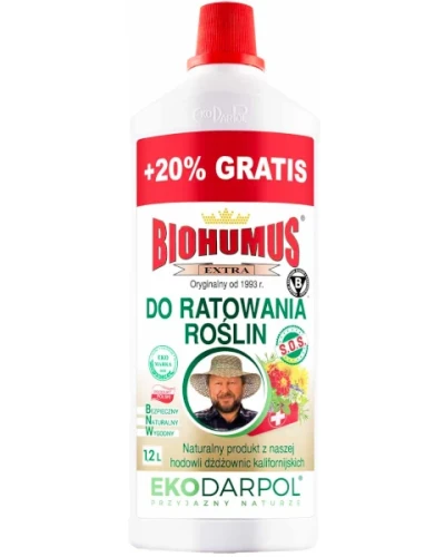 Ekologiczny nawóz interwencyjny Biohumus Extra SOS do ratowania roślin Ekodarpol, butelka 1 l oraz 200 ml gratis