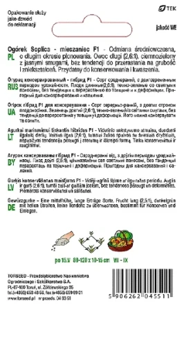 ogórek gruntowy konserwowy Soplica F1 nasiona Torseed tyl opakowania