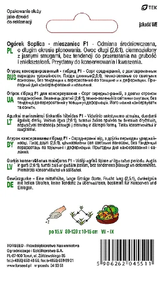 ogórek gruntowy konserwowy Soplica F1 nasiona Torseed tyl opakowania
