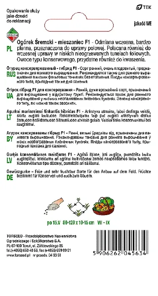 Ogórek gruntowy konserwowy Śremski F1 nasiona Torseed tyl opakowania