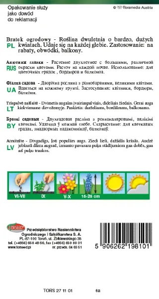 Bratek fioletowy wielkokwiatowy nasiona Torseed tył opakowania