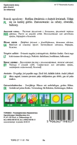 Bratek niebieski wielkokwiatowy nasiona Torseed tył opakowania