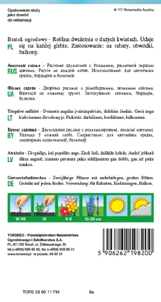 Bratek żółty wielkokwiatowy nasiona Torseed tył opakowania