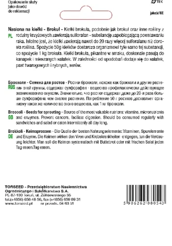 Nasiona na kiełki brokuł Torseed tył opakowania