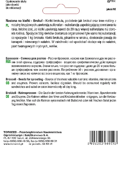 Nasiona na kiełki brokuł Torseed tył opakowania