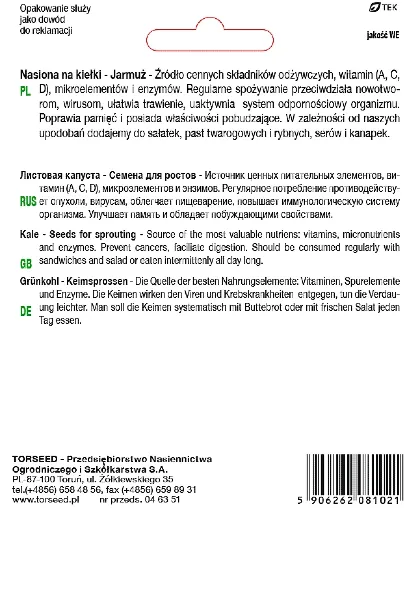 Nasiona na kiełki jarmuż Torseed tył opakowania