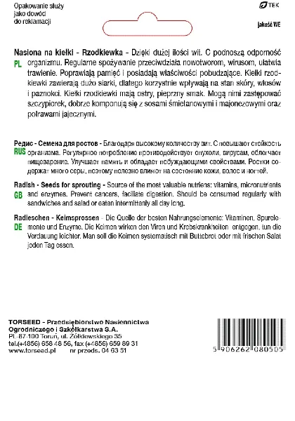 Nasiona na kiełki rzodkiewka Torseed tył opakowania