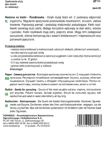Nasiona na kiełki czerwone rzodkiewka Torseed tył opakowania