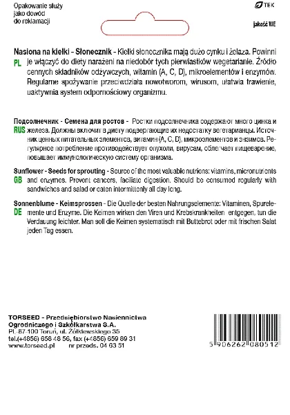 Nasiona na kiełki słonecznik Torseed tył opakowania