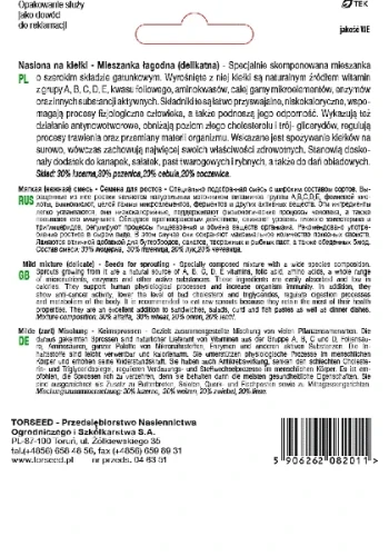 Nasiona na kiełki mieszanka łagodna Torseed tył opakowania