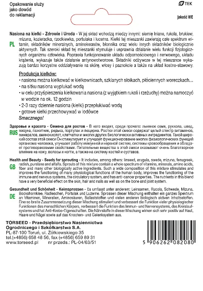 Nasiona na kiełki mieszanka Zdrowie i uroda Torseed tył opakowania
