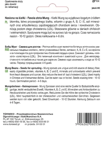 Nasiona na kiełki fasola mung Torseed tył opakowania