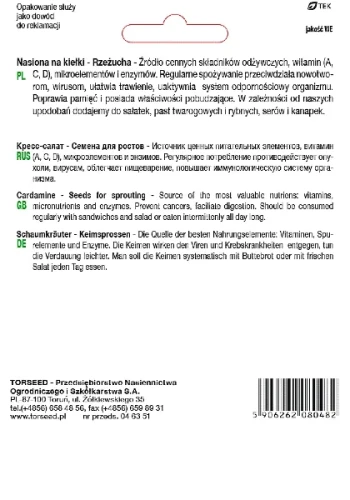 Nasiona na kiełki rzeżuchy Torseed tył opakowania