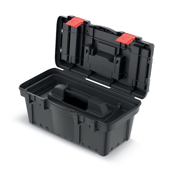 Otwarta skrzynka na narzędzia Kistenberg Dark 50 cm z widoczną tacką w środku