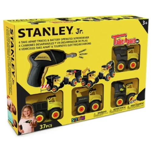 Zestaw Edukacyjny DIY 4 Pojazdów budowlanych STEM Mini + Wkrętarka Stanley Junior