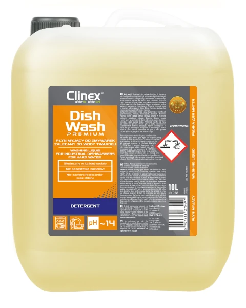 Płyn do zmywarki przeznaczony do wody twardej Clinex Dish Wash Premium w kanistrze o pojemności 10 litrów.