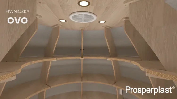 góra wnętrza piwniczki ogrodowej OVO - sufit, światła LED i otwór wentylacyjny