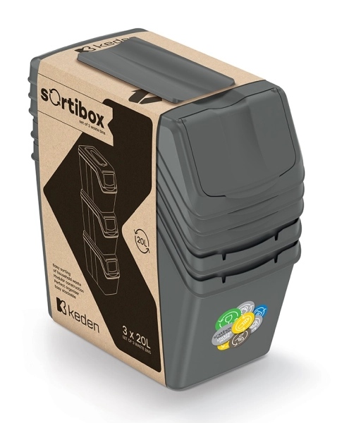 pojemniki na odpady do segregacji ciemnoszare 3 x 20 litrów Sortibox ISWB20S3_405U Keden w opakowaniu