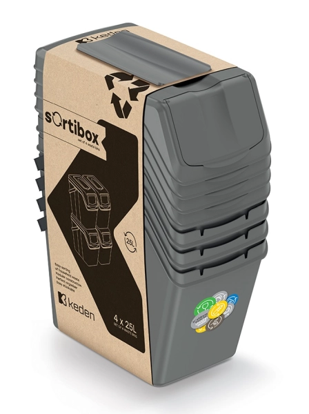 Kosze na śmieci szare z rączką 4 szt x 25 l zestaw Keden Sortibox ISWB25S4_405U w opakowaniu