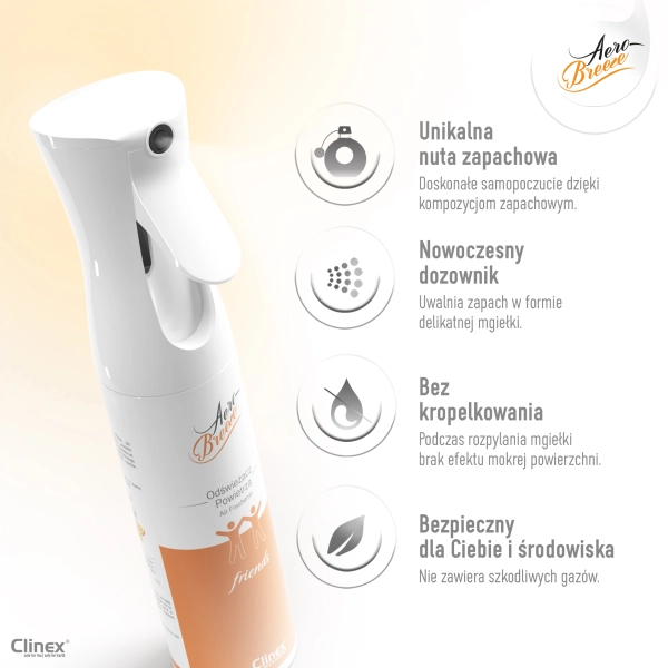 Odświeżacz powietrza o zapachu brzoskwini mango pomarańczy cytrusów 290 ml Clinex AeroBreeze Friends 77-923 - cechy kluczowe