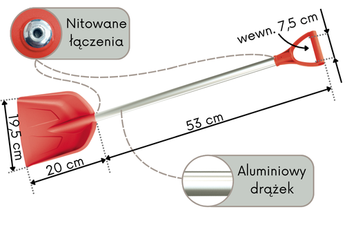 Łopatka dla dzieci do piasku śniegu czerwona aluminiowy drążek