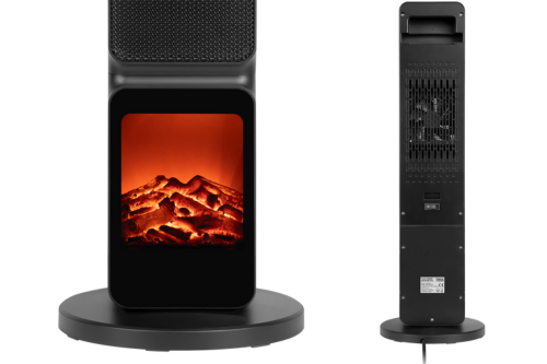 Termowentylator kolumnowy funkcja imitacji kominka - przybliżenie na kominek i tył grzejnika