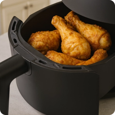 frytkownica beztłuszczowa air fryer 2,3 litra 1000 w - zdjęcie produktu z pieczonym kurczakiem