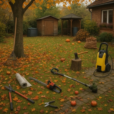 porządki w ogrodzie jesienią - potrzebne narzędzia - siekiera, myjka ciśnieniowa, grabie, podkaszarka, sekator, nożyce, agrowłóknina