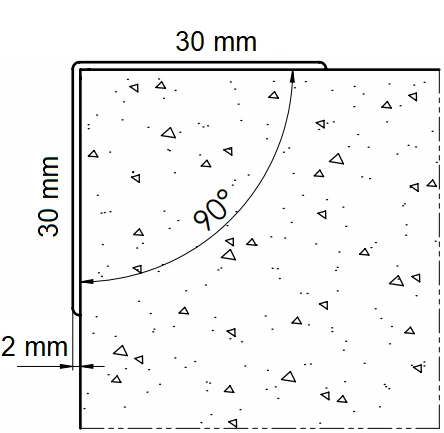 Rysunek techniczny kątownika ściennego PVC AcroMat o symetrycznym przekroju 30x30 mm i długości 150 cm