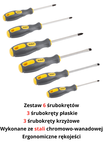 
Zestaw śrubokrętów 6szt płaskie krzyżowe Rebel RB-1108 cechy