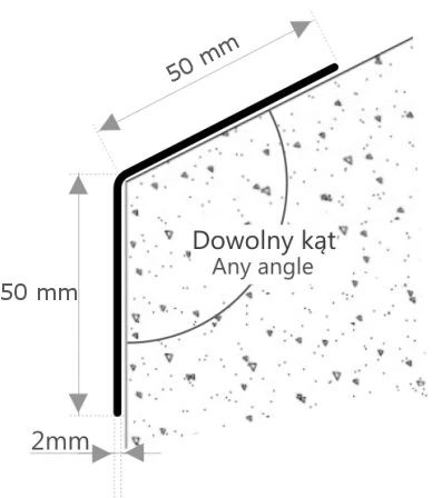 Rysunek techniczny narożnika regulowanego 50x50 mm Rysunek techniczny regulowanego kątownika ściennego PVC AcroMat o przekroju 50x50 mm i grubości profilu 2 mm