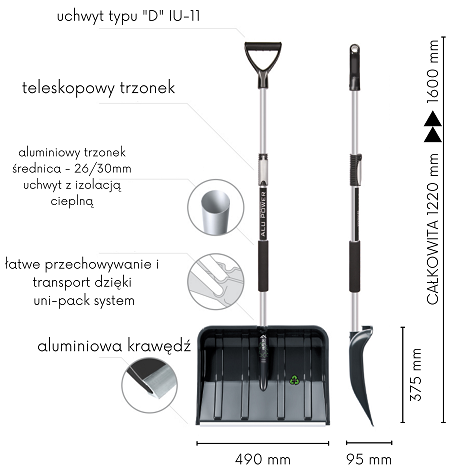 Rysunek techniczny i schemat budowy łopaty do śniegu z trzonkiem teleskopowym 49 cm Prosperplast Alpe 50 Basic Telescopic.