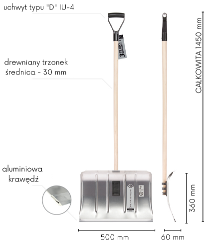 Rysunek techniczny i schemat budowy łopaty aluminiowej 50 cm do śniegu i zboża Aluice 50P z drewnianym trzonkiem i ergonomicznym uchwytem z tworzywa.