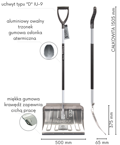 Rysunek techniczny i przekrój wymiarowy cichej łopaty aluminiowej 50 cm Alumax Silent z gumową rączką.