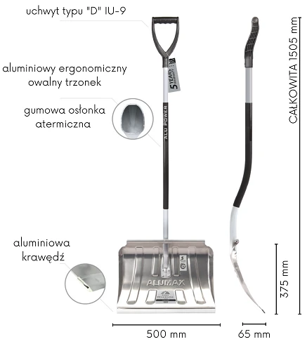 Łopata do śniegu aluminiowa 50 cm Alumax Ergo z wygiętym anatomicznie trzonkiem.