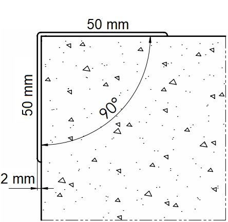 Rysunek techniczny narożnika 50x50 mm Rysunek techniczny kątownika ściennego PVC AcroMat o symetrycznym przekroju 50x50 mm i długości 100 cm