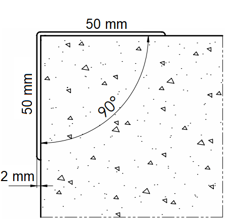 Rysunek techniczny narożnika 50x50 mm Rysunek techniczny kątownika ściennego PVC AcroMat o symetrycznym przekroju 50x50 mm i długości 150 cm