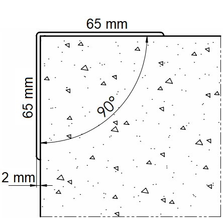 Rysunek techniczny narożnika 65x65 mm Rysunek techniczny kątownika ściennego PVC AcroMat o symetrycznym przekroju 65x65 mm i długości 100 cm